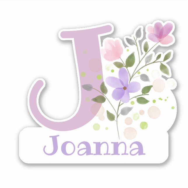 Pegatina Nombre Joanna más Inicial con Diseño Floral (Anverso)