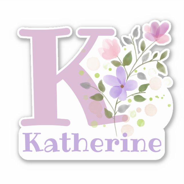Pegatina Nombre Katherine más Inicial con diseño floral (Anverso)