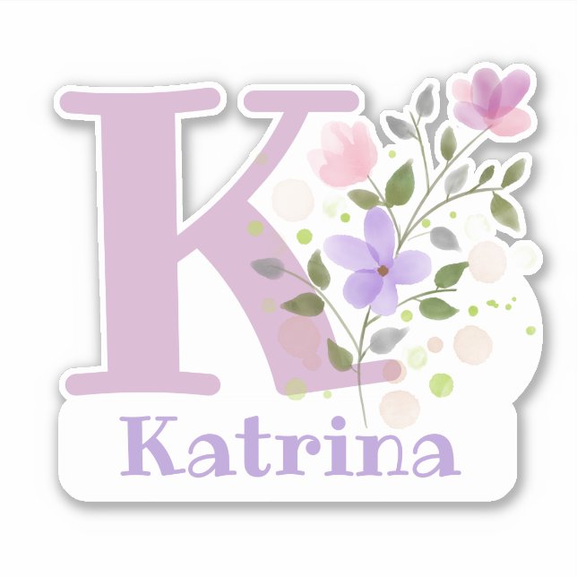 Pegatina Nombre Katrina más inicial con diseño floral (Anverso)