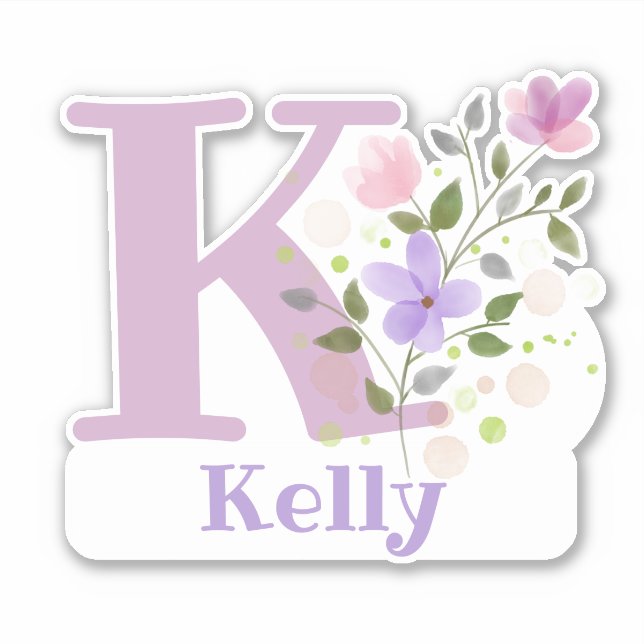 Pegatina Nombre Kelly e Inicial con diseño floral (Anverso)