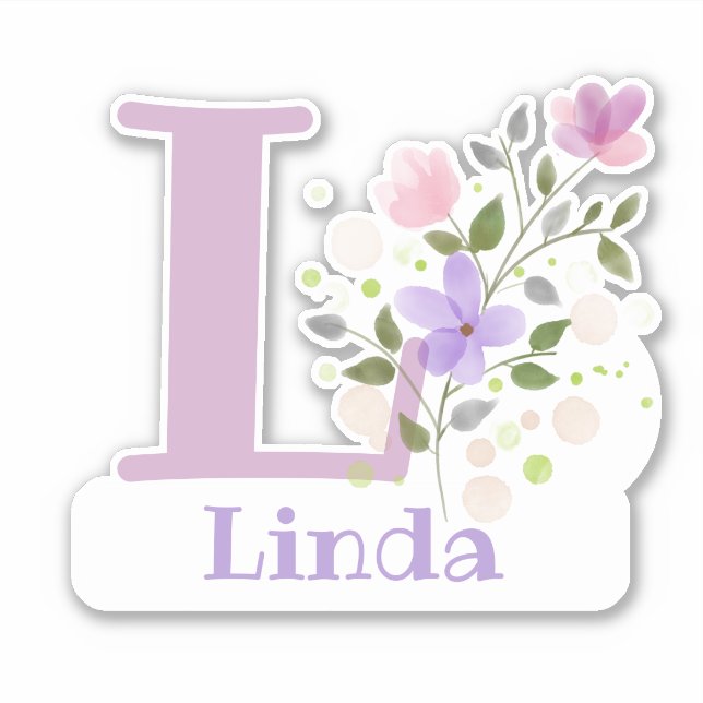Pegatina Nombre Linda más Inicial con Diseño Floral (Anverso)
