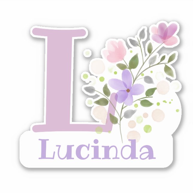 Pegatina Nombre Lucinda e Inicial con diseño floral (Anverso)