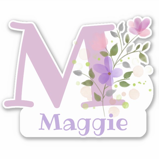 Pegatina Nombre Maggie más inicial con diseño floral (Anverso)