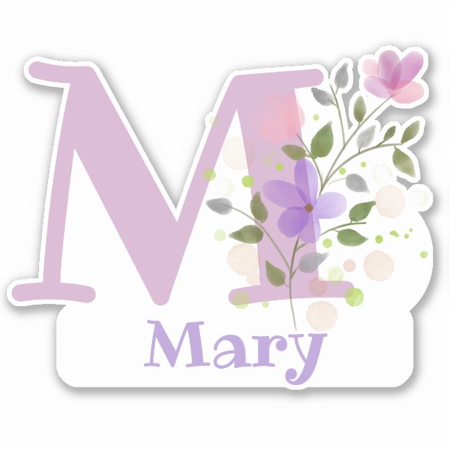 Pegatina Nombre Mary más Inicial con Diseño Floral (Anverso)