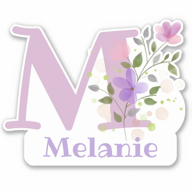 Pegatina Nombre Melanie e Inicial con diseño floral (Anverso)