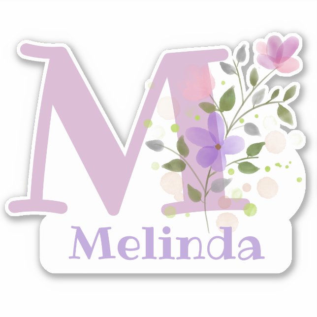 Pegatina Nombre Melinda e Inicial con diseño floral (Anverso)
