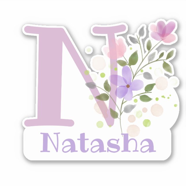 Pegatina Nombre Natasha e Inicial con diseño floral (Anverso)