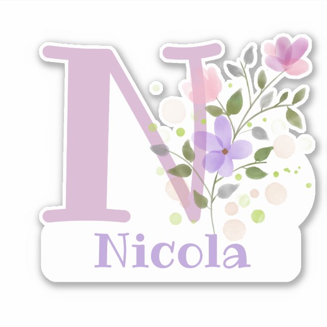 Pegatina Nombre Nicola e Inicial con diseño floral (Anverso)
