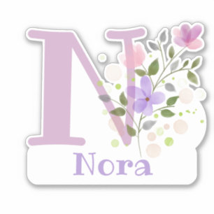 Pegatina Nombre Nora e Inicial con diseño floral