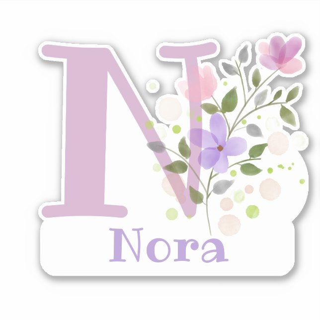 Pegatina Nombre Nora e Inicial con diseño floral (Anverso)
