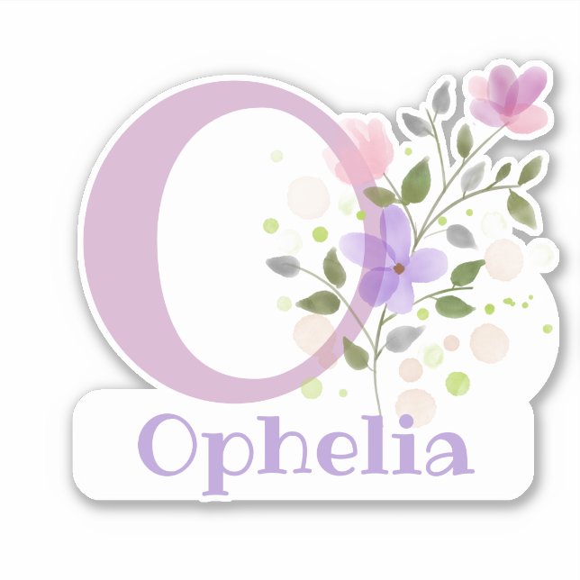 Pegatina Nombre Ophelia e Inicial con diseño floral (Anverso)