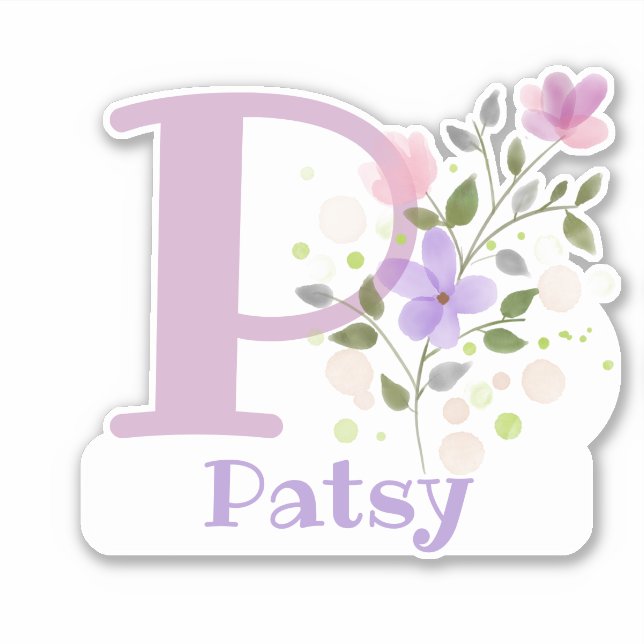 Pegatina Nombre Patsy e Inicial con diseño floral (Anverso)