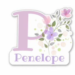 Pegatina Nombre Penélope más Inicial con Diseño Floral