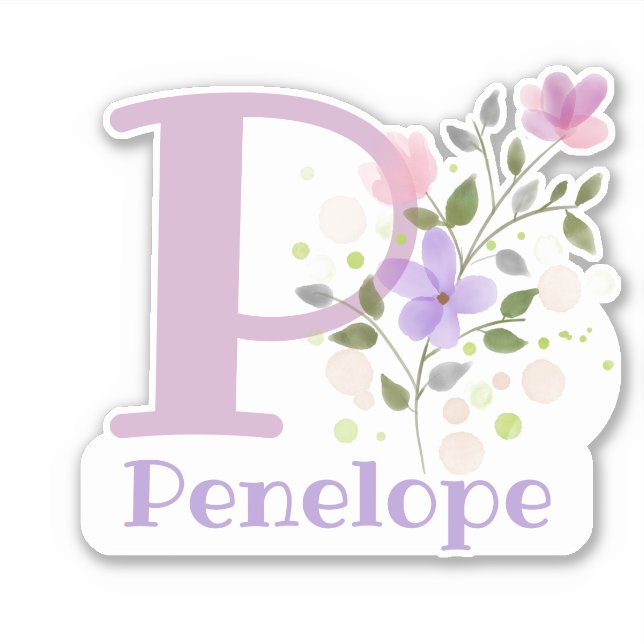 Pegatina Nombre Penélope más Inicial con Diseño Floral (Anverso)
