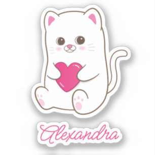 Pegatina Nombre personalizado de gato de corazón rosado kaw