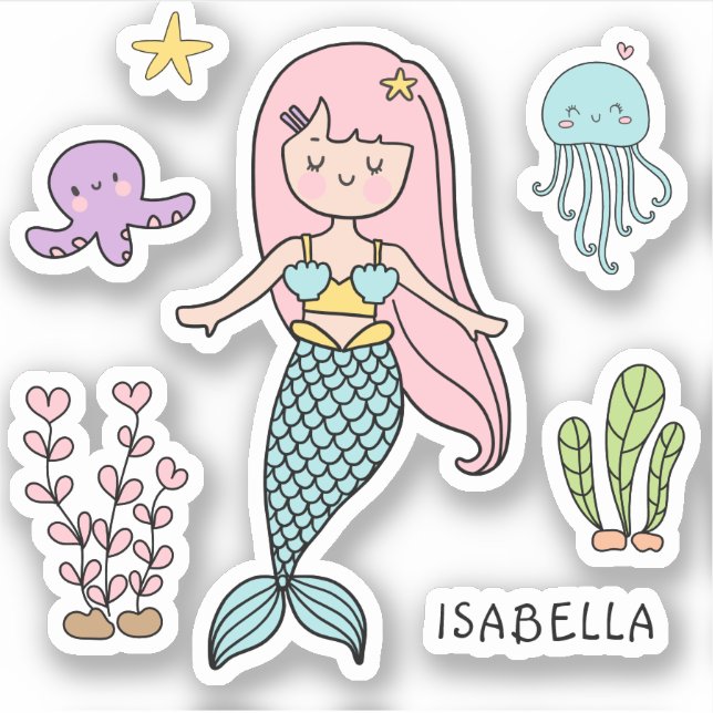 Pegatina Nombre Personalizado De La Sirena Cuta Whimsical G (Anverso)