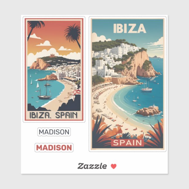 Pegatina Nombre personalizado Ibiza, póster de viaje de Esp (Hoja)