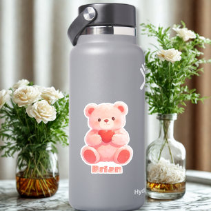 Pegatina Nombre personalizado Oso de peluche rosa acuarela 