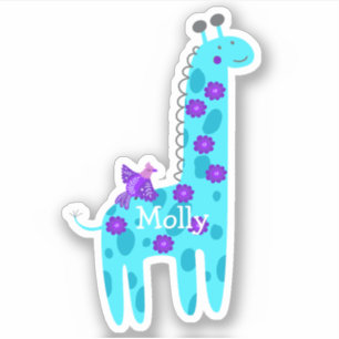 Pegatina Nombre personalizado Turquoise Giraffe Púrpura Por