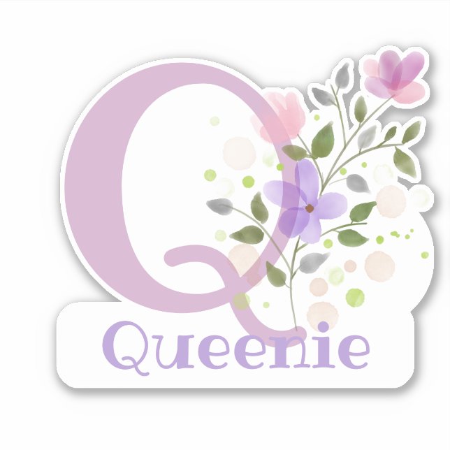 Pegatina Nombre Queenie & Inicial con diseño floral (Anverso)