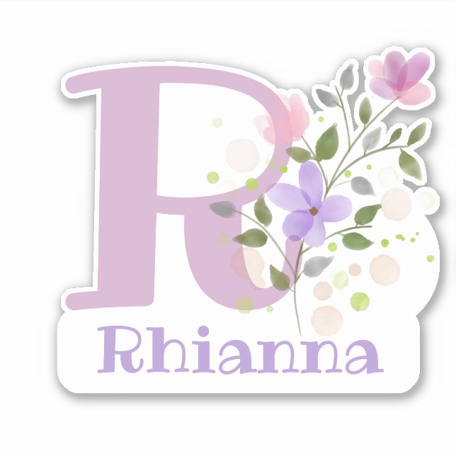 Pegatina Nombre Rhianna más Inicial con Diseño Floral (Anverso)