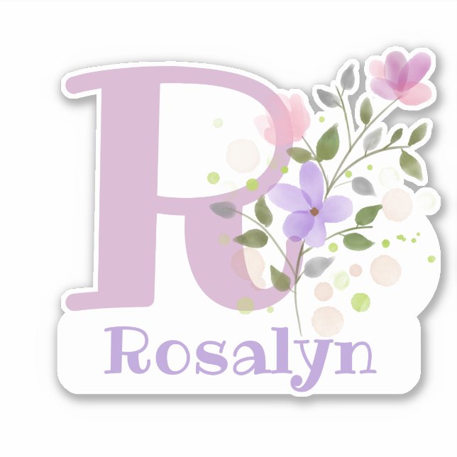 Pegatina Nombre Rosalyn más inicial con diseño floral (Anverso)