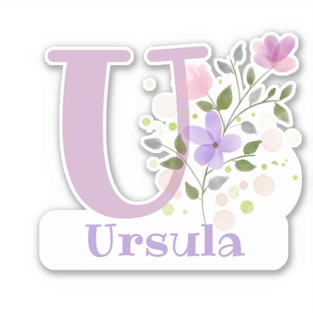Pegatina Nombre Ursula & Inicial con diseño floral (Anverso)