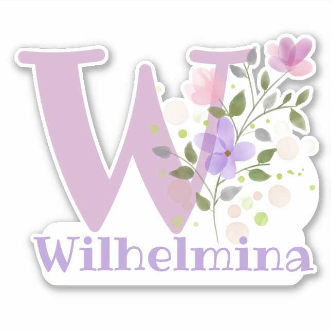 Pegatina Nombre Wilhelmina e Inicial con diseño floral (Anverso)