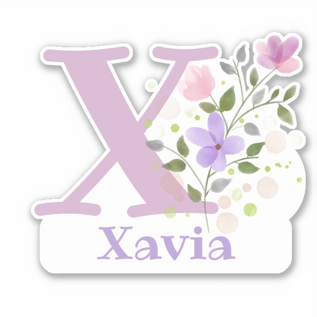 Pegatina Nombre Xavia más inicial con diseño floral (Anverso)