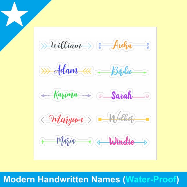 Pegatina Nombres de letra manuscrita únicos, mejores imperm (modern kids name stickers)