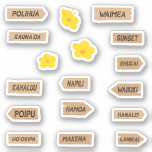 Pegatina Nombres de playas de Hawái y flores de Hibiscus