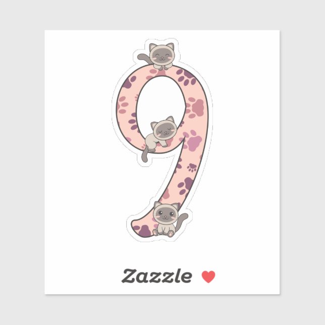 Pegatina Noveno Cumpleaños Del Gato Siamés Para Niños Pegat (Hoja)