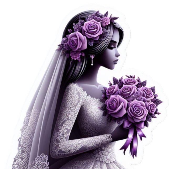 Pegatina Novia afroamericana con Bouquet morado (Black Bride with Purple Flowers)