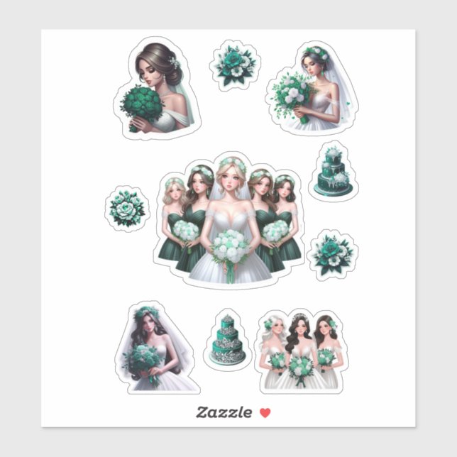 Pegatina Novia Bridesmaids Emerald White Flower Bouquet (Hoja)