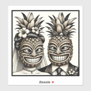 Pegatina Novia y Novio Cabeza de Tiki de Piña Aloha Boda 