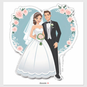 Pegatina Novia y Novio Felices con Atuendo de Boda