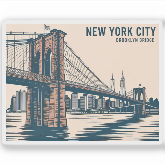 Pegatina Nueva York Brooklyn Bridge Skyline Bold Retro Trav (Anverso)