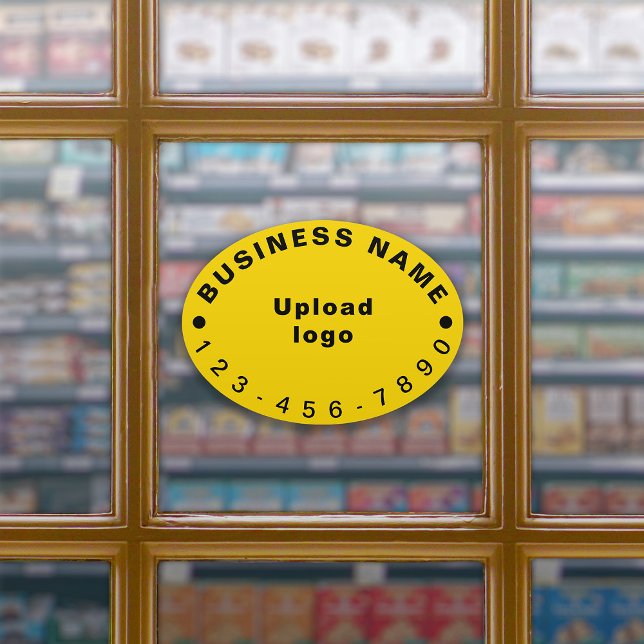 Pegatina Número de teléfono comercial en vinilo amarillo gr (Your business name, logo and phone number on yellow large oval shape vinyl sticker.)