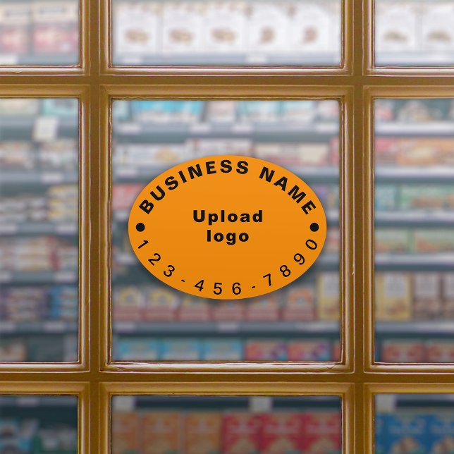 Pegatina Número de teléfono comercial en vinilo de gran tam (Your business name, logo and phone number on orange color large oval shape vinyl sticker.)