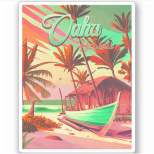 Pegatina Oahu Hawaii isla palmera tropical de puesta de sol