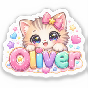 Pegatina Oliver Gato Kawaii Lindo Nombre Rosa Pastel Brilla