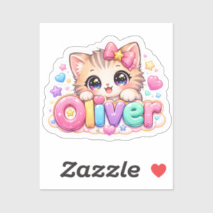 Pegatina Oliver Gato Kawaii Mono Rosa Pastel Brillante