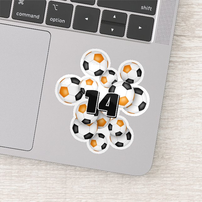 Pegatina orange black soccer balls sticker w jersey number (Detalle)
