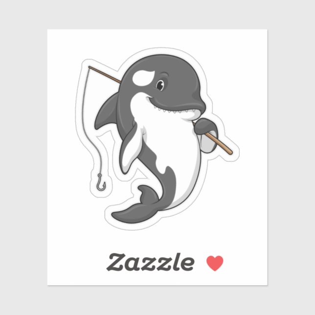 Pegatina Orca como pescador con barra de pesca (Hoja)