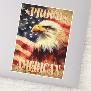 Pegatina Orgulloso Americano. Águila Calva y Bandera de los