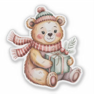 Pegatina Osito de peluche de Navidad adorable con regalo en