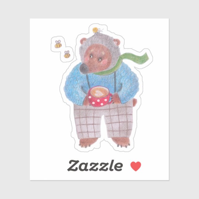 Pegatina Oso, abejas y capuchino (Hoja)