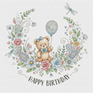 Pegatina Oso de cumpleaños floral boho