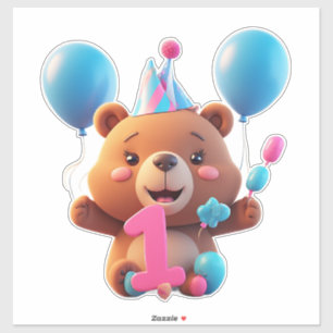 Pegatina Oso de cumpleaños lindo con sombrero de fiesta y g