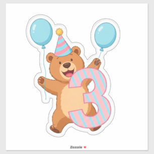 Pegatina Oso de cumpleaños lindo con sombrero de fiesta y g